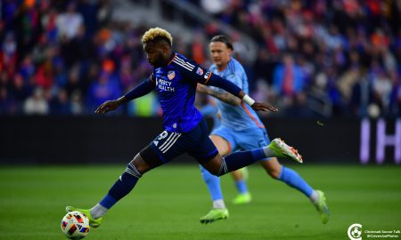 Aaron Boupendza attacks against New York City FC. Photo Courtesy of Joe Craven