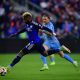Aaron Boupendza attacks against New York City FC. Photo Courtesy of Joe Craven