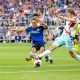 Yuya Kubo takes a shot against the Chicago Fire. June 2, 2023 - Photo courtesy Brian Mack