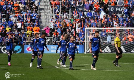 The FC Cincinnati squad comes out to start the game. Photo courtesy of Saling Media.