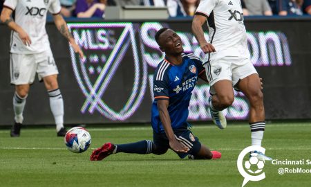 Obinna Nwobodo in challenge against DC united - Photo by Rob Moore