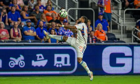 DeAndre Yedlin settles ball against Santos Laguna. Photo Courtesy of Rob Moore